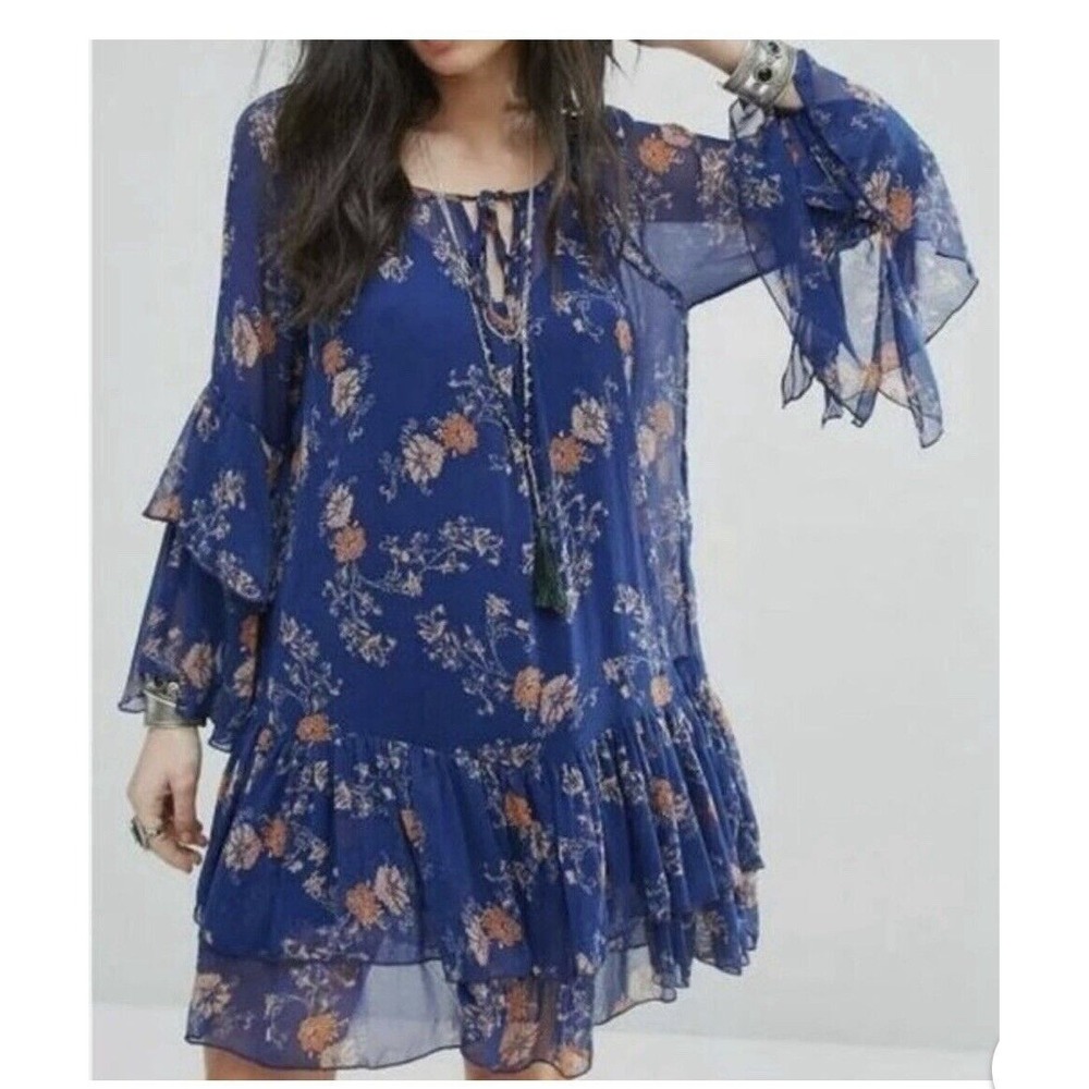 Free People Dress Womens X Small Blue Floral Sunsetter Tiered Sheer Mini